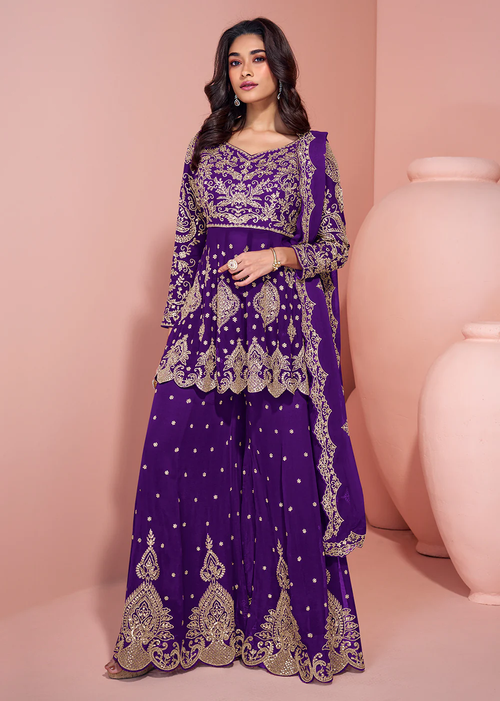 Violet Purple Palazzo Style Embroidered Festive Style Suit