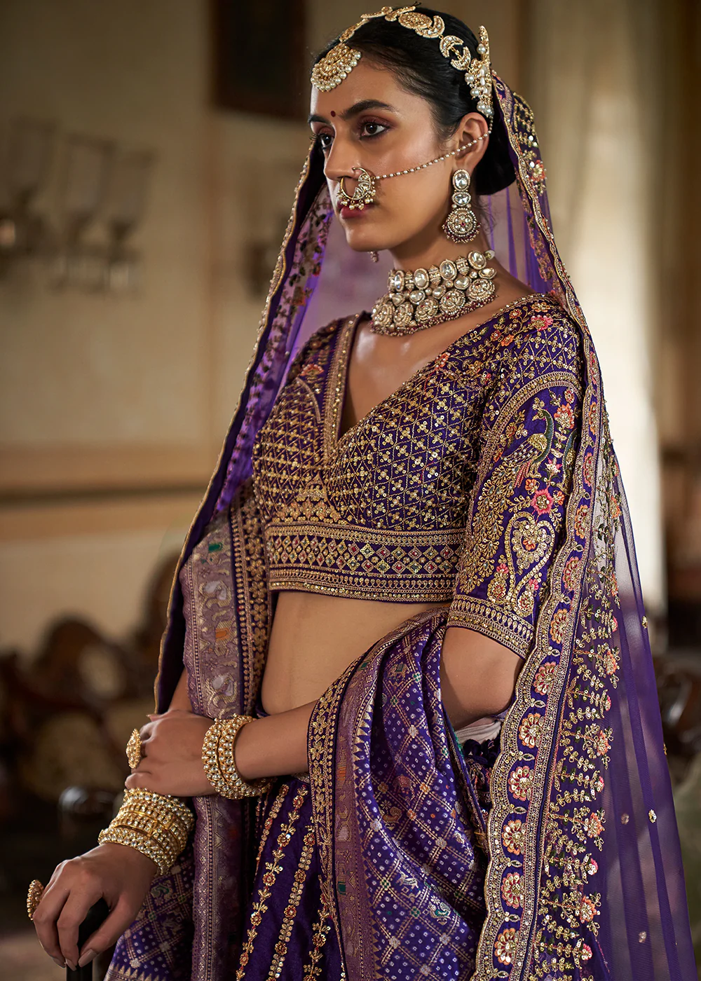 Violet Purple Sabyasachi Inspired Bridal Silk Lehenga Choli - Image 2