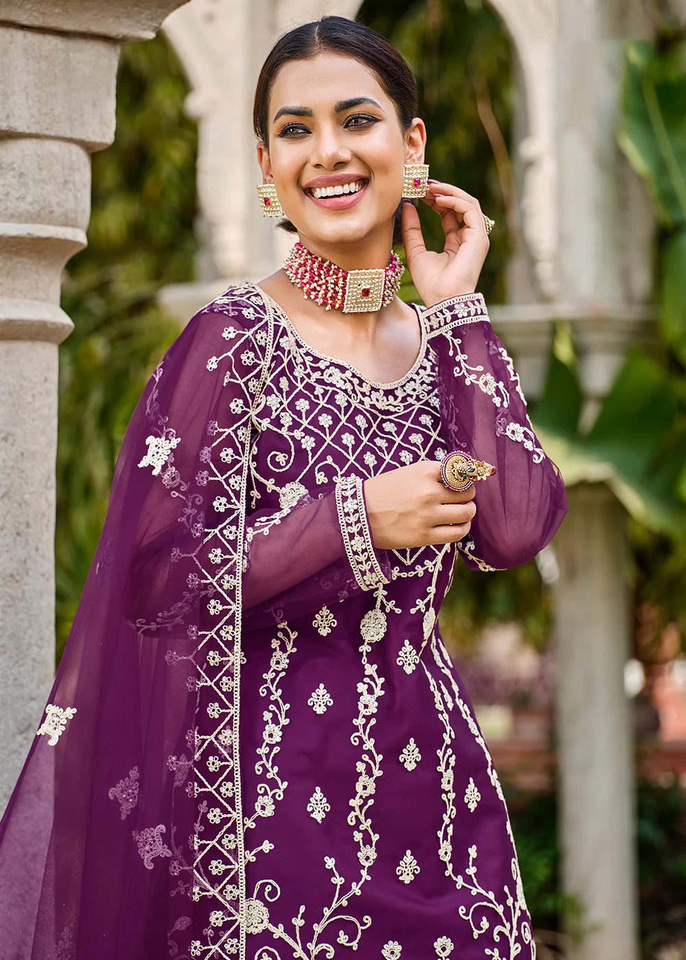 Violet Purple Stone & Cording Work Festive Palazzo Suit - Image 2