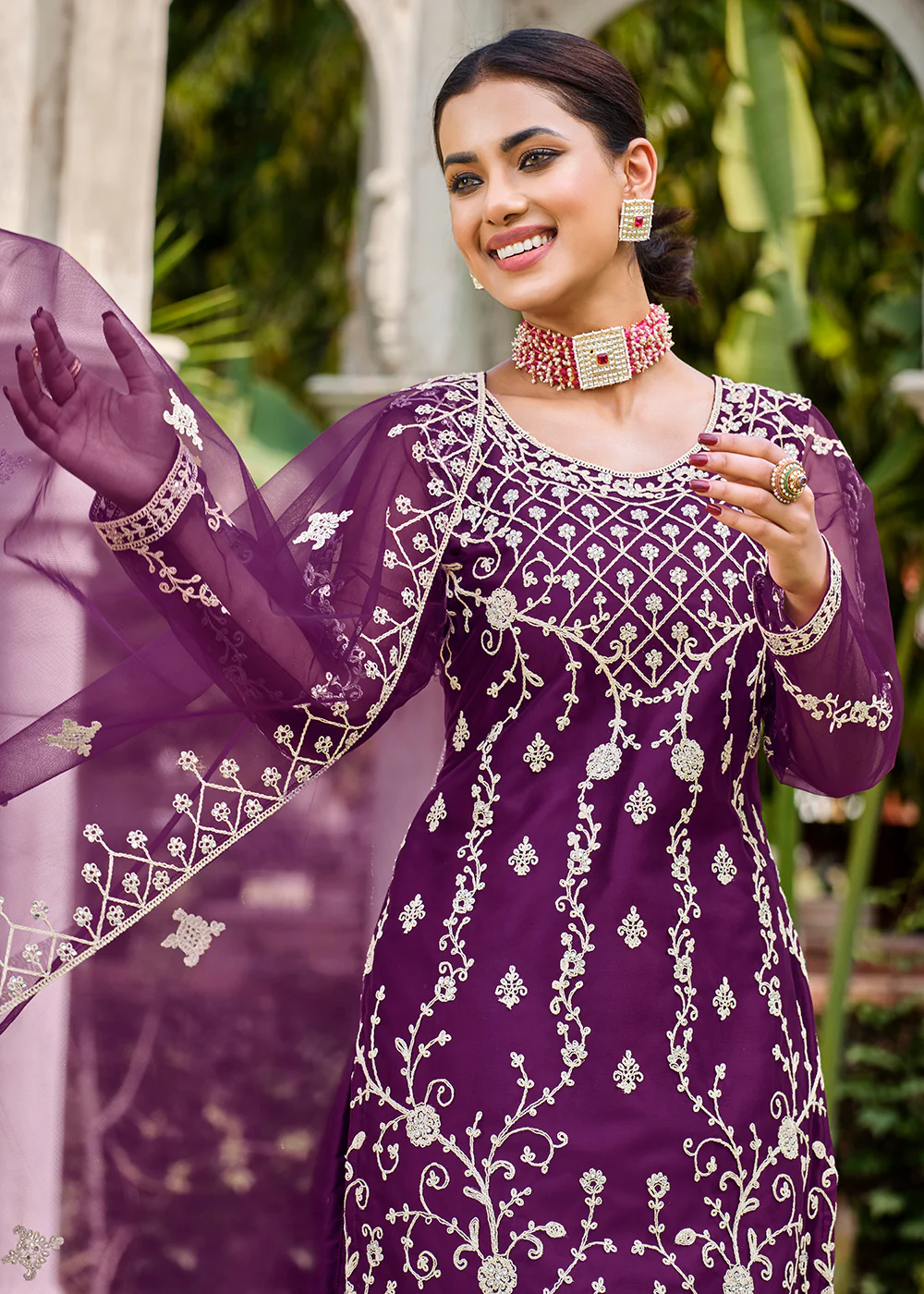 Violet Purple Stone & Cording Work Festive Palazzo Suit - Image 3