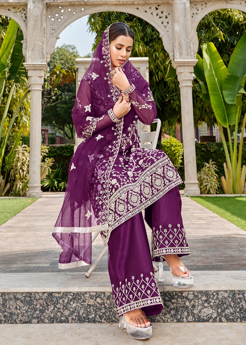 Violet Purple Stone & Cording Work Festive Palazzo Suit - Image 4