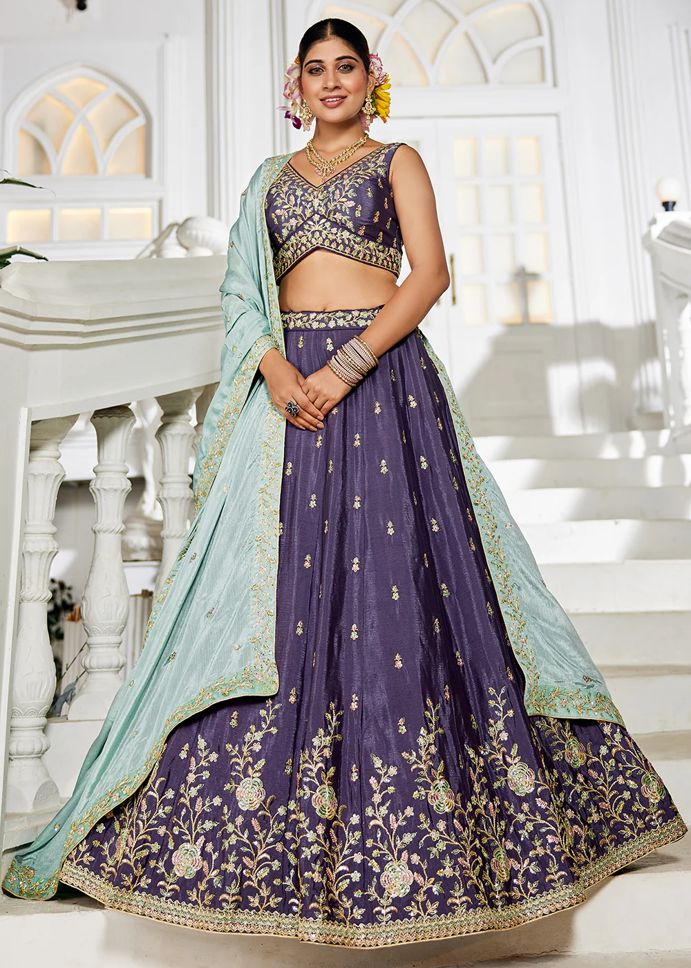 Violet Sequins & Cording Work Wedding Wear Lehenga