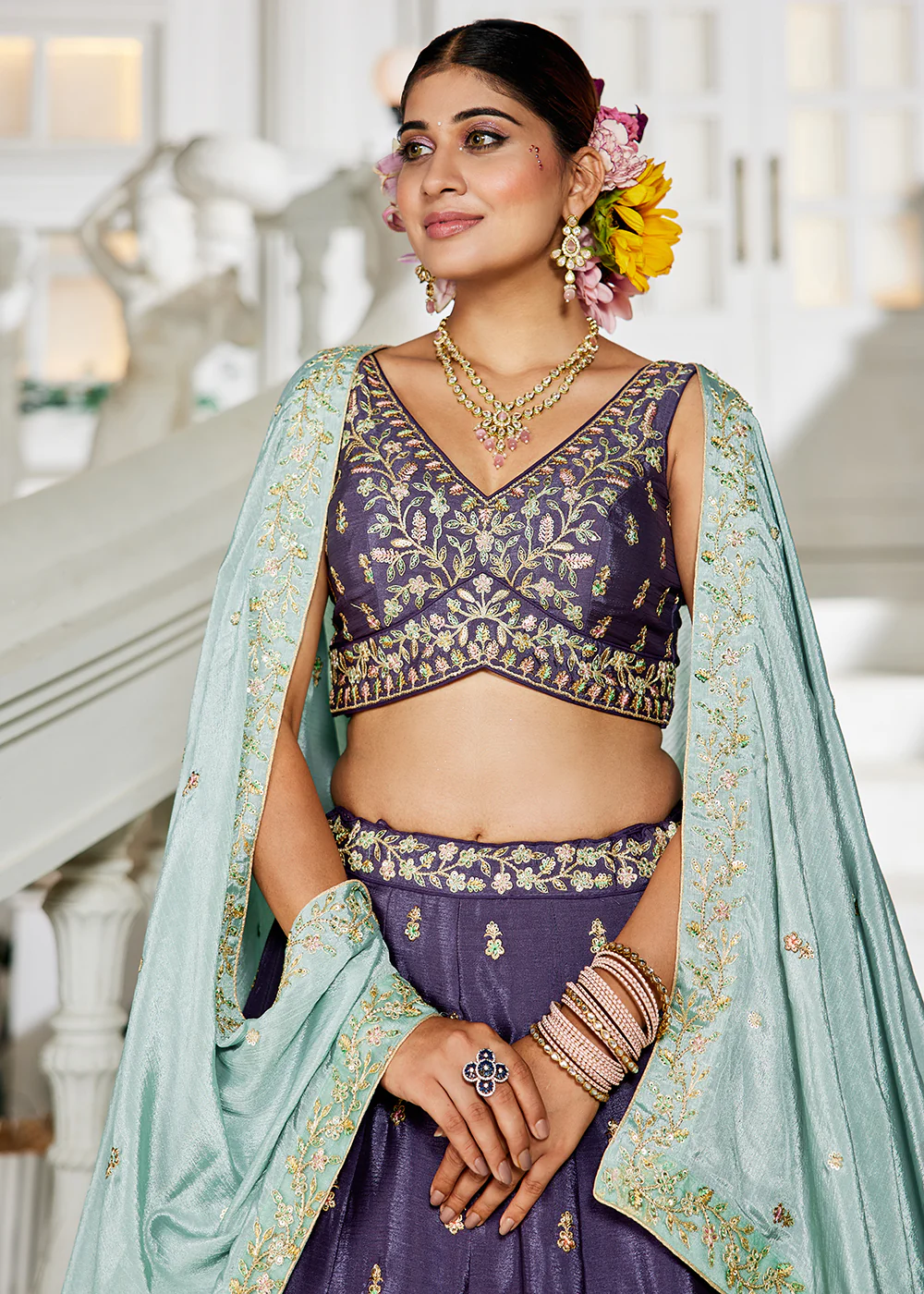 Violet Sequins & Cording Work Wedding Wear Lehenga - Image 2