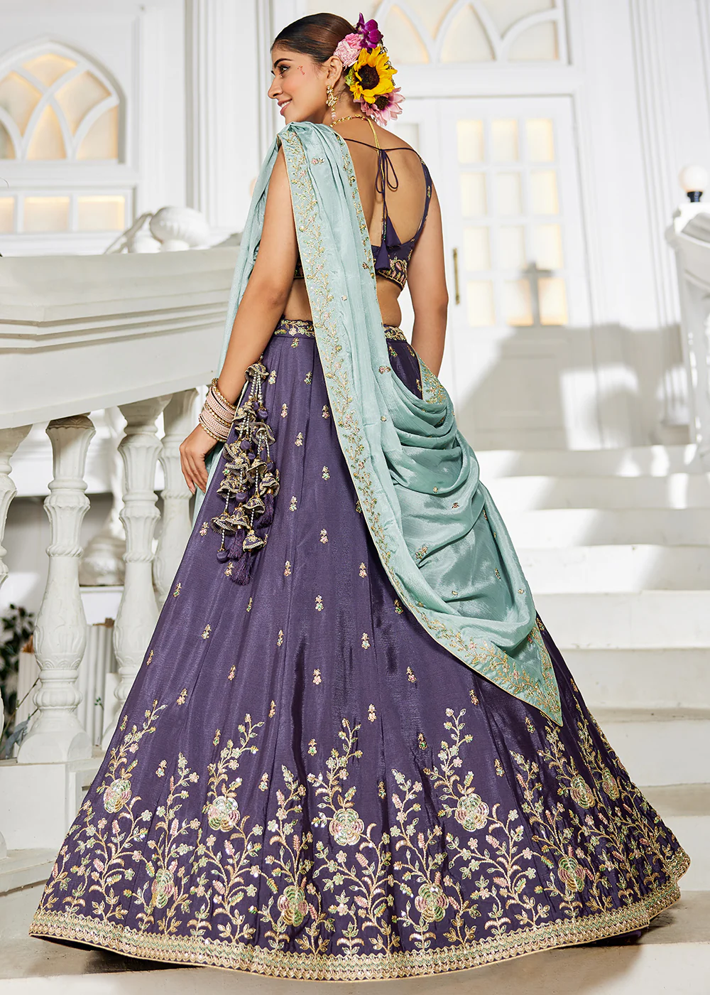 Violet Sequins & Cording Work Wedding Wear Lehenga - Image 3