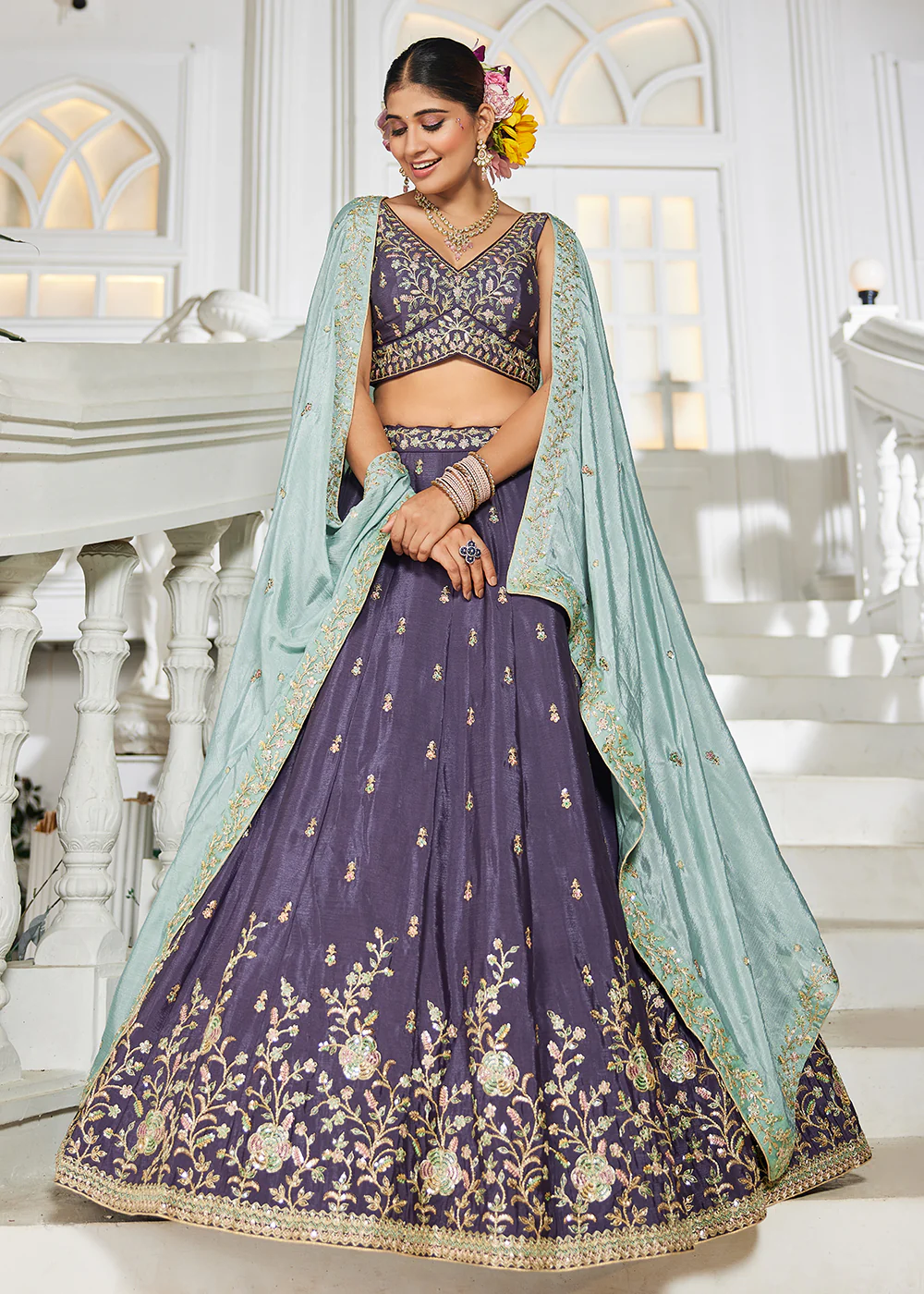 Violet Sequins & Cording Work Wedding Wear Lehenga - Image 4