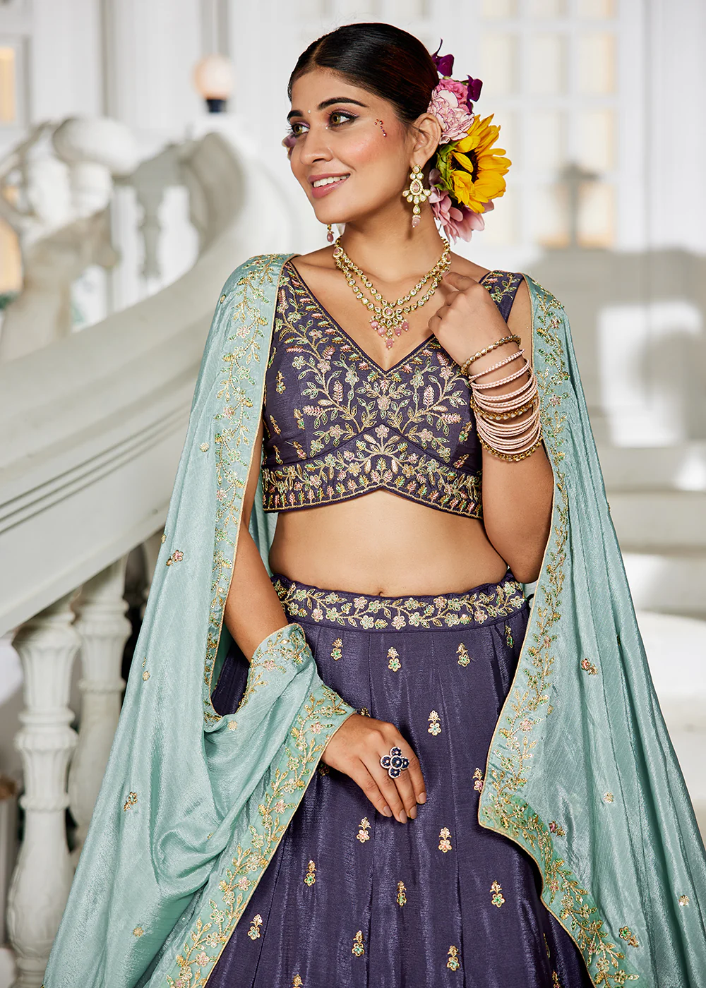 Violet Sequins & Cording Work Wedding Wear Lehenga - Image 5