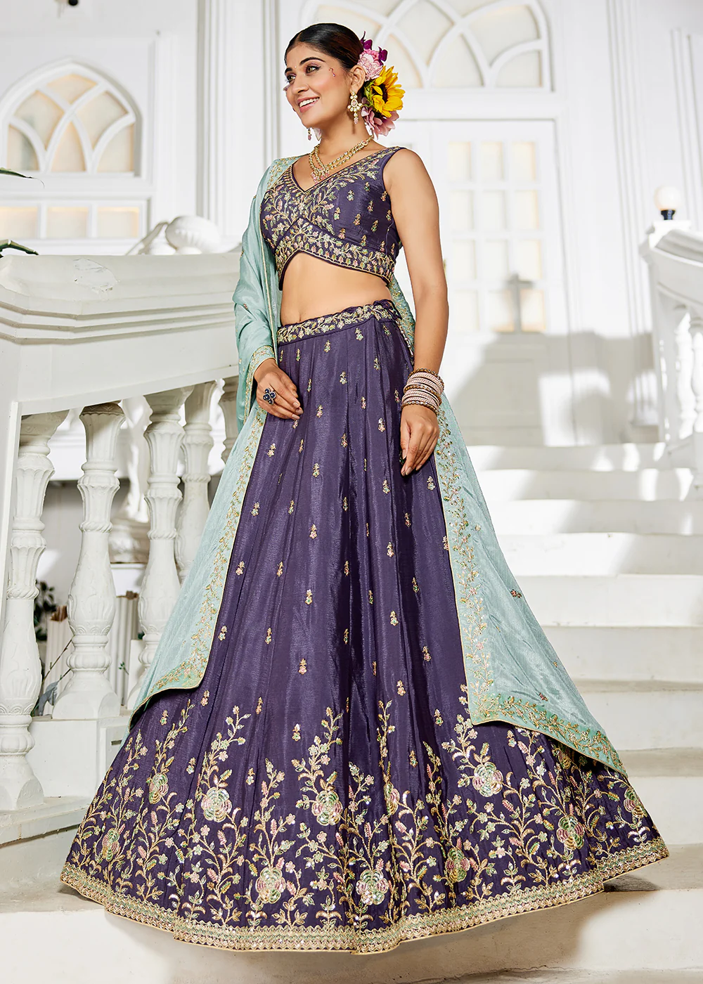 Violet Sequins & Cording Work Wedding Wear Lehenga - Image 6