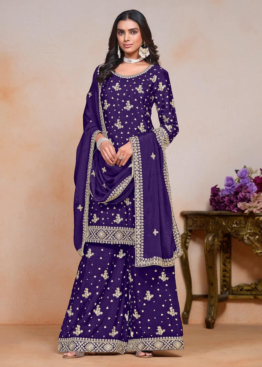 Violet Sequins Embroidered Chinnon Festive Palazzo Suit - Image 3