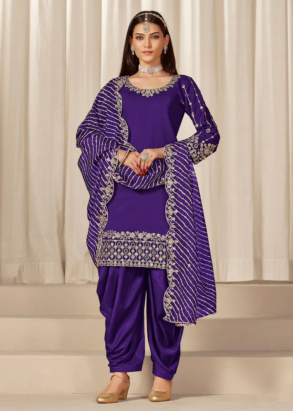 Violet Silk Embroidered Patiala Punjabi Style Suit