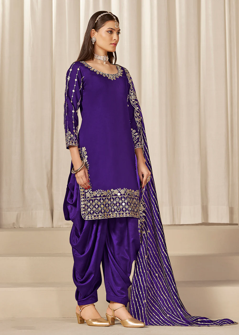 Violet Silk Embroidered Patiala Punjabi Style Suit - Image 3