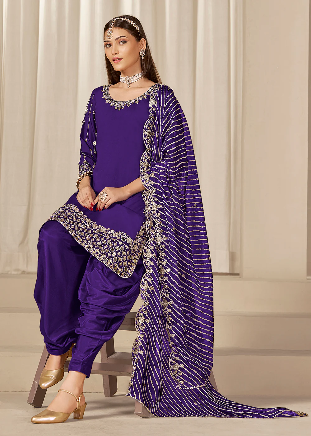 Violet Silk Embroidered Patiala Punjabi Style Suit - Image 4
