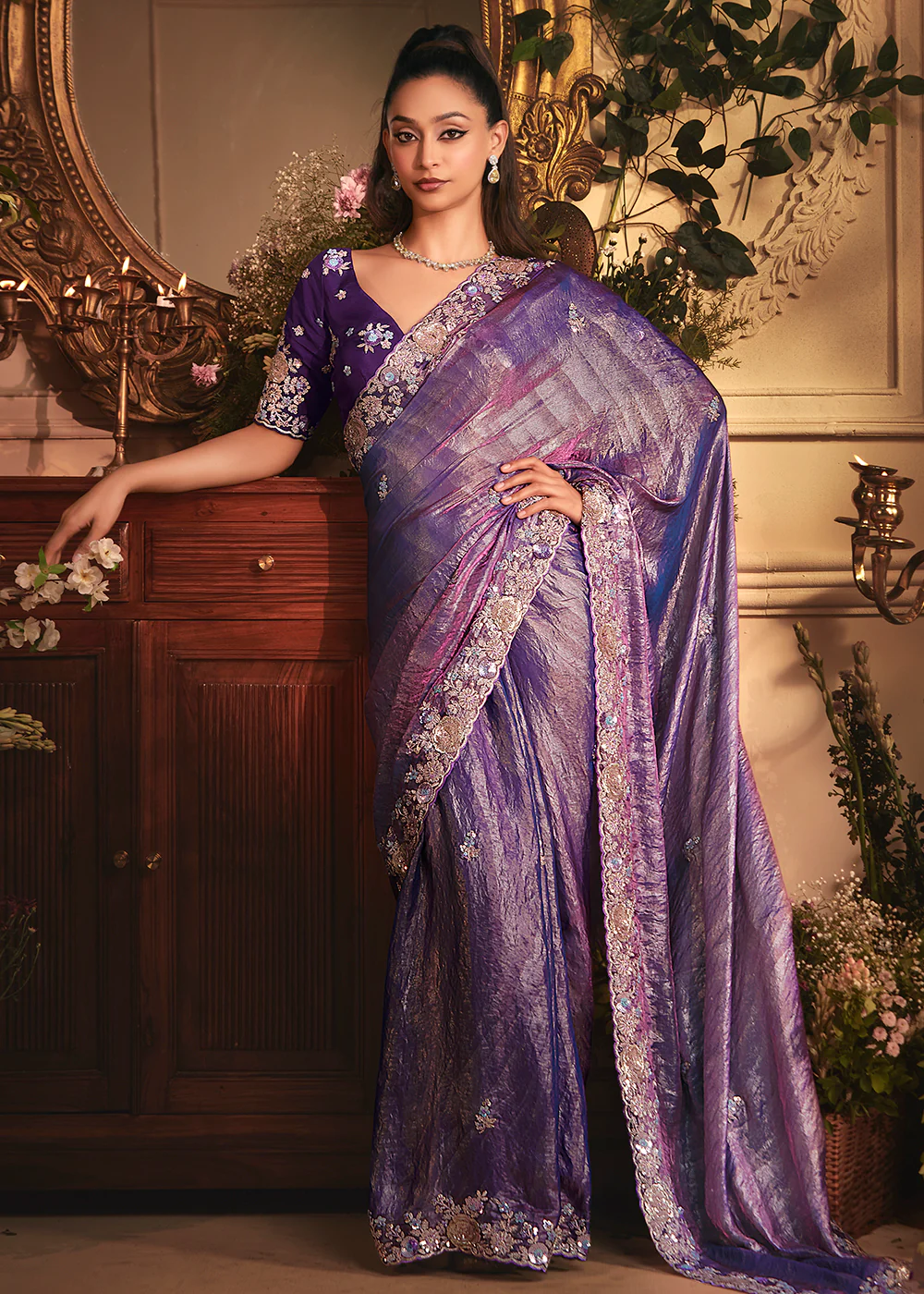 Violet Tissue Organza Silk Embroidered Designer Saree