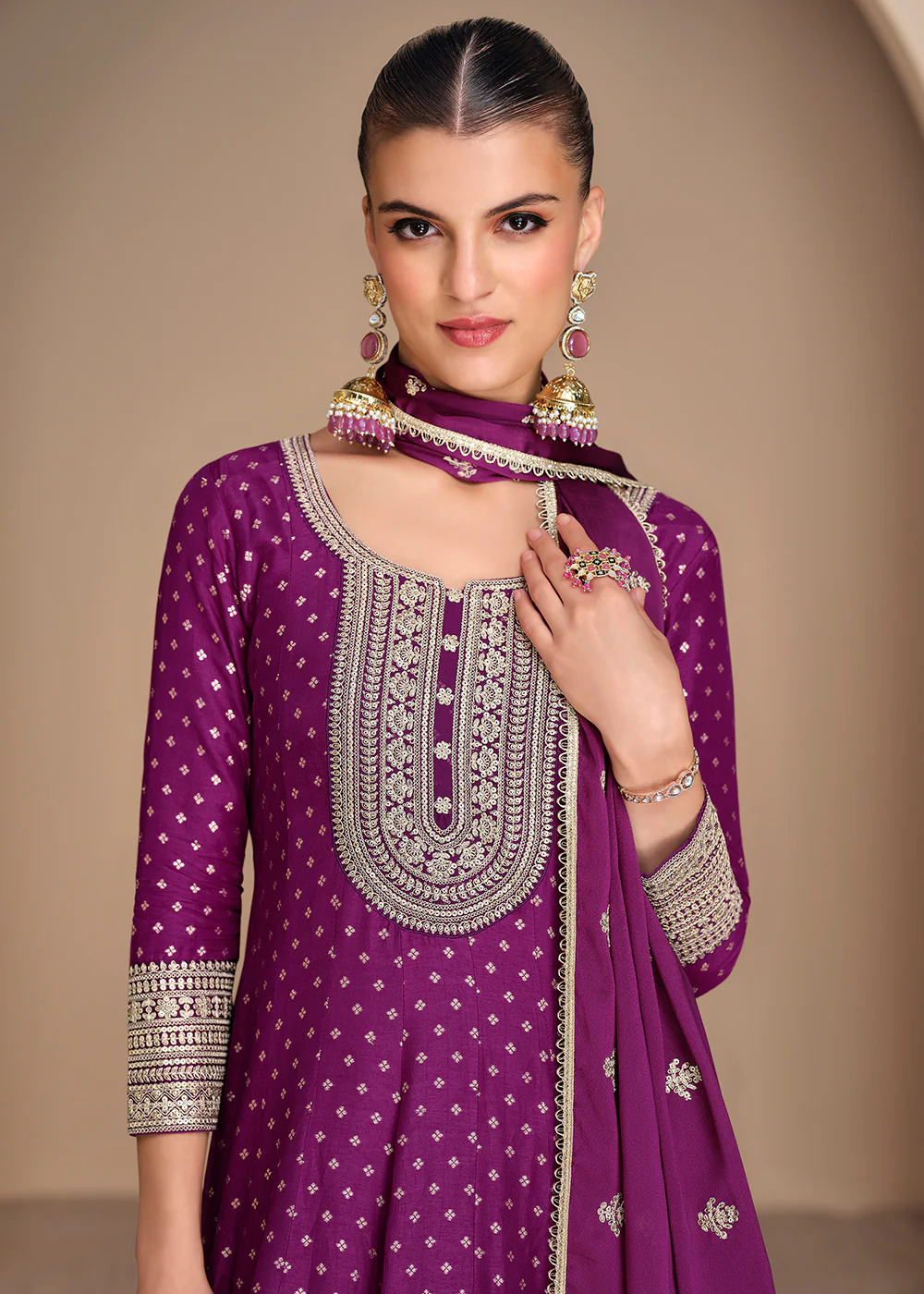 Violet Viscose Jacquard Silk Festive Anarkali Suit - Image 2