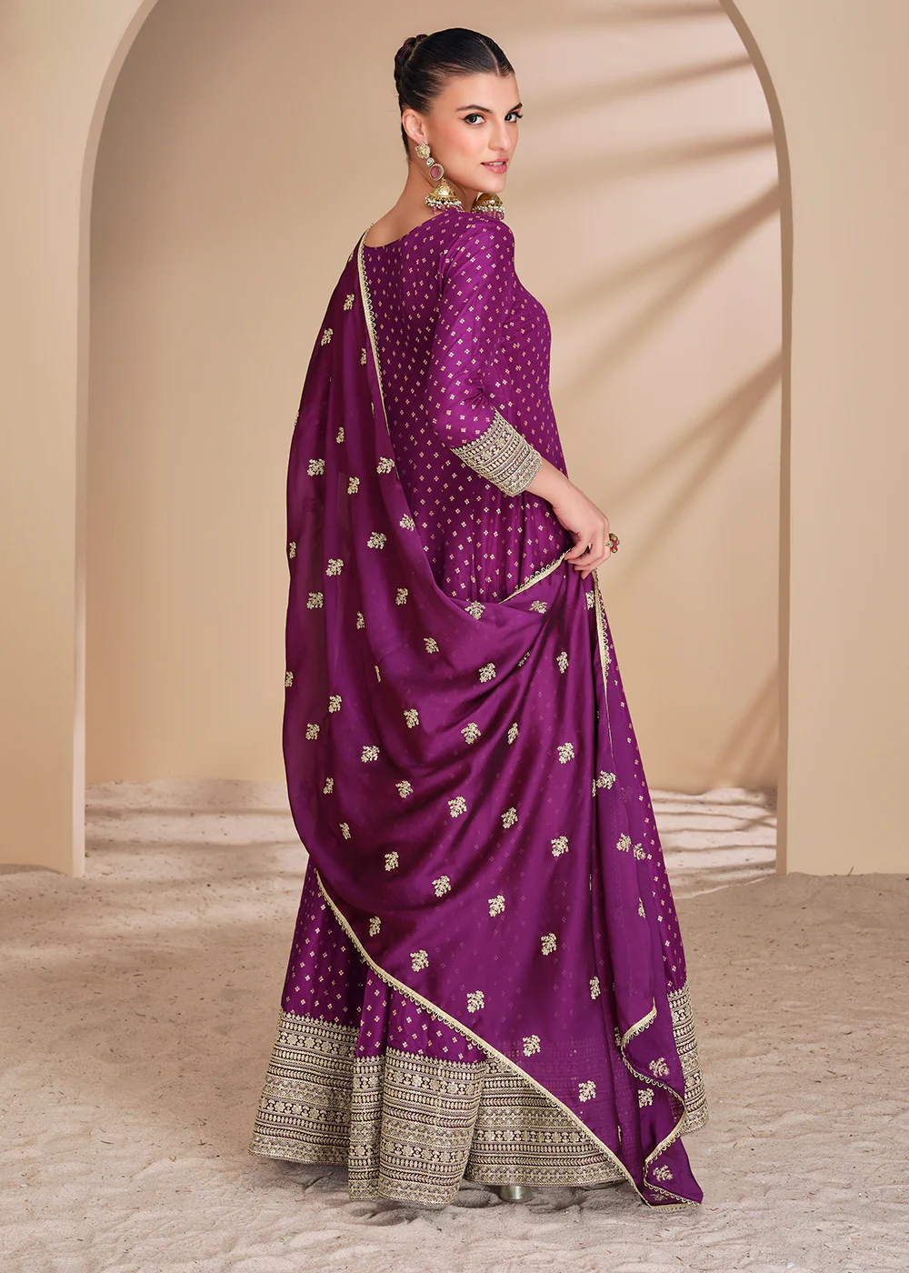 Violet Viscose Jacquard Silk Festive Anarkali Suit - Image 3