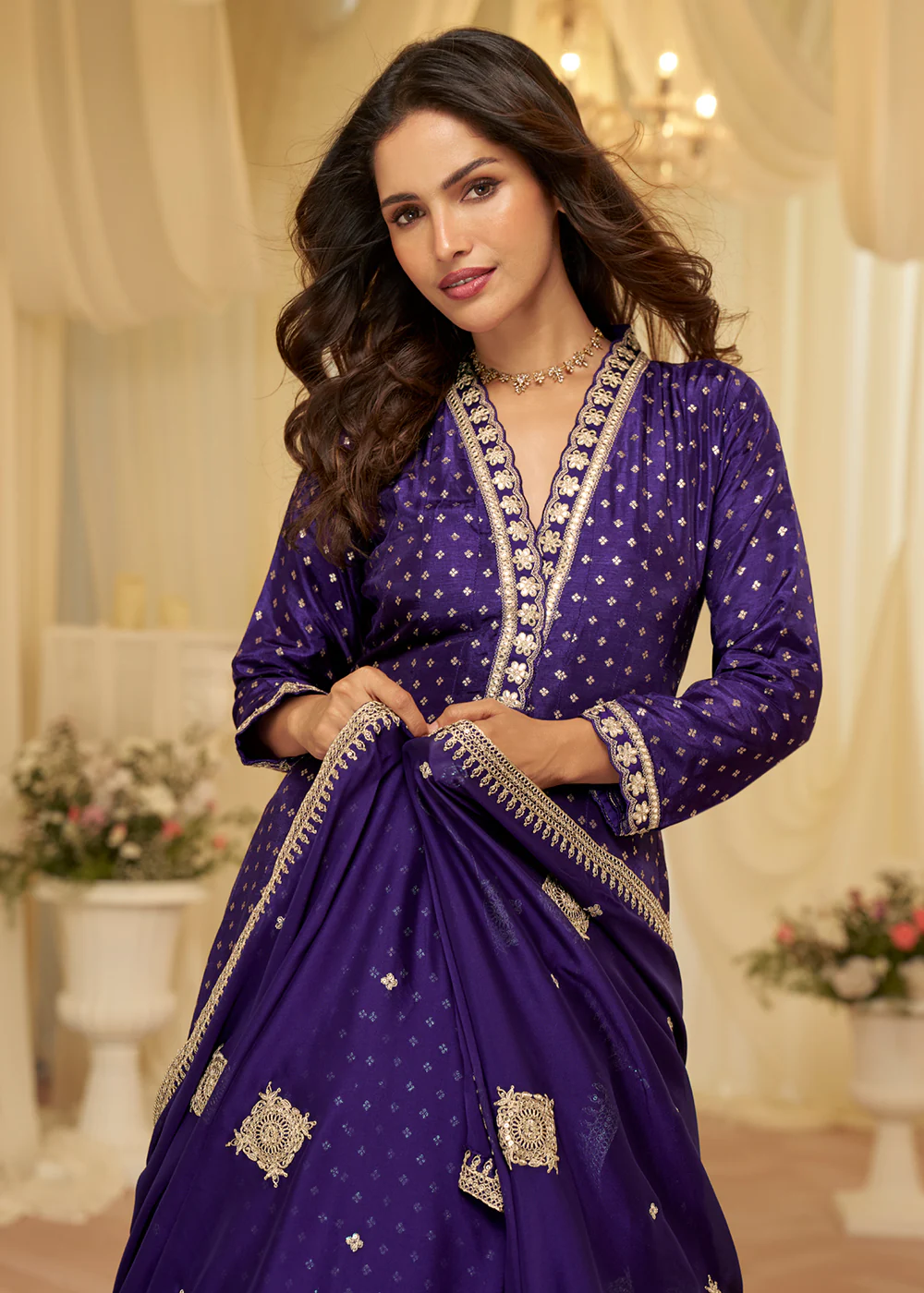 Violet Viscose Jacquard Silk With Embroidery Work Anarkali Suit - Image 2
