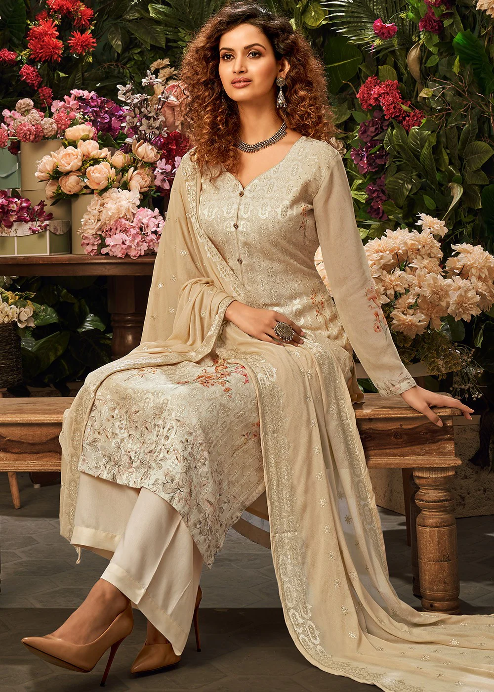 Viscose Georgette Elegant Beige Sequins Salwar Suit - Image 3