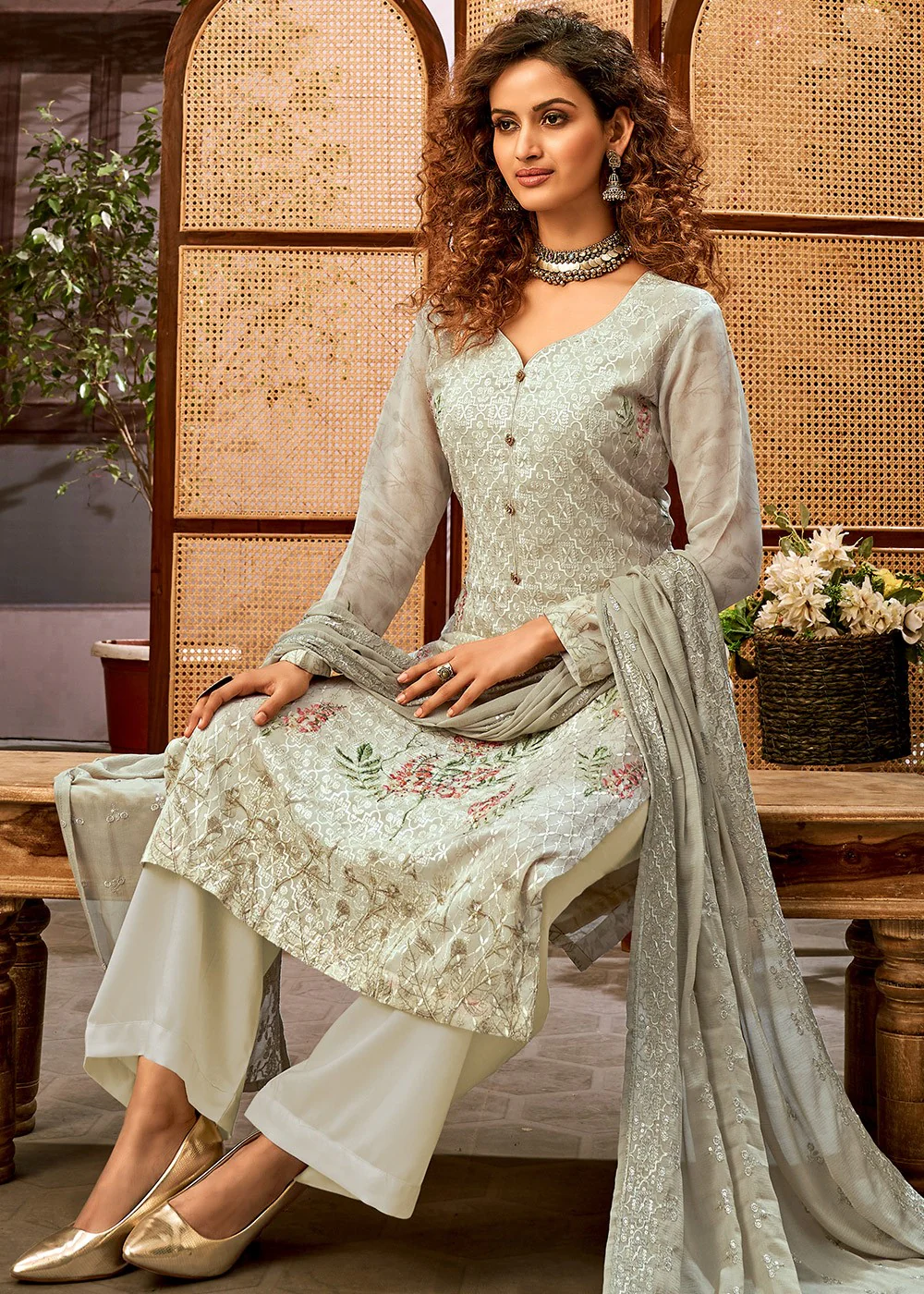 Viscose Georgette Greenish Grey Sequins Salwar Suit - Image 3