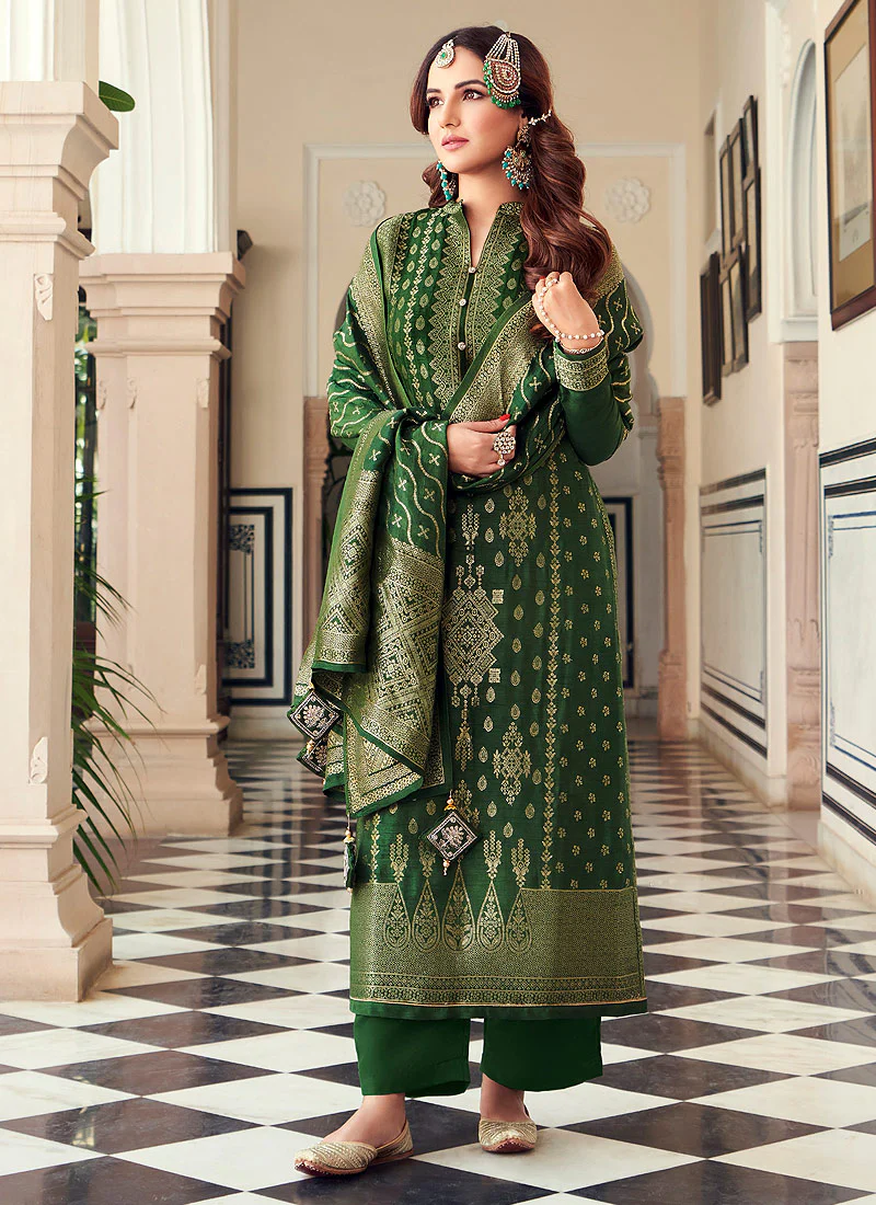 Viscose Green Pakistani Style Embroidered Designer Suit