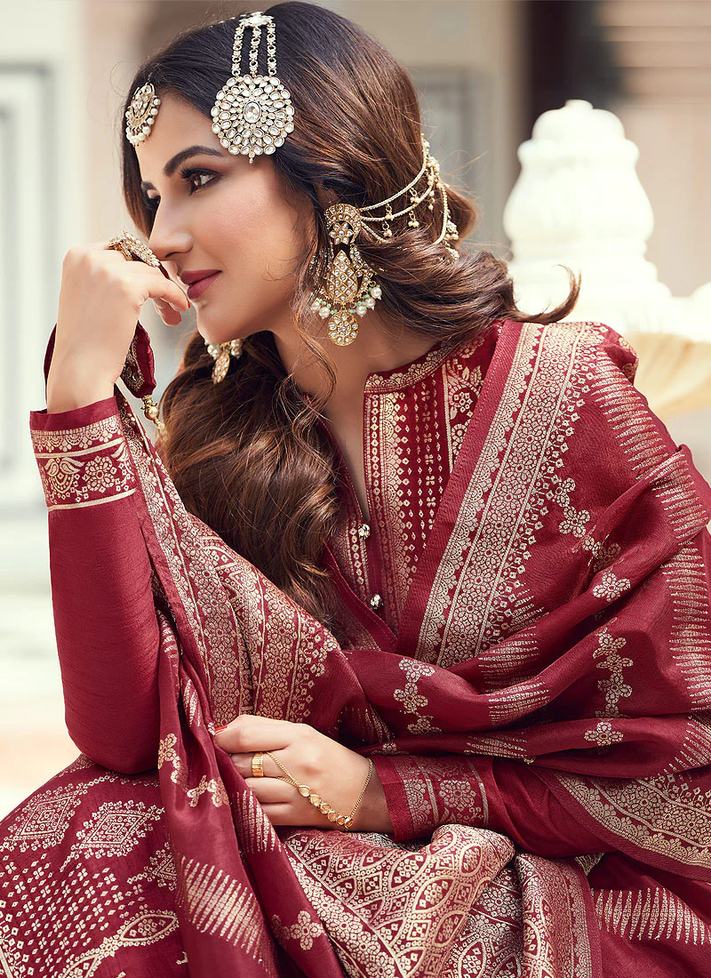 Viscose Maroon Pakistani Style Embroidered Designer Suit - Image 2