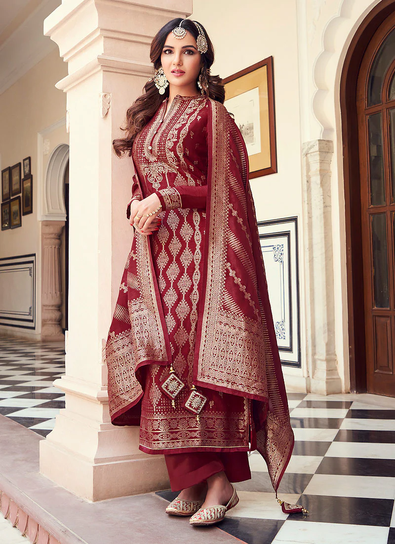 Viscose Maroon Pakistani Style Embroidered Designer Suit - Image 3