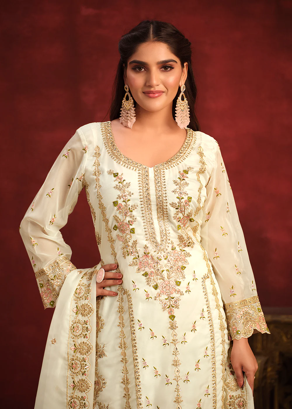 Viscose Organza Cream Zari & Sequins Festive Salwar Suit - Image 2
