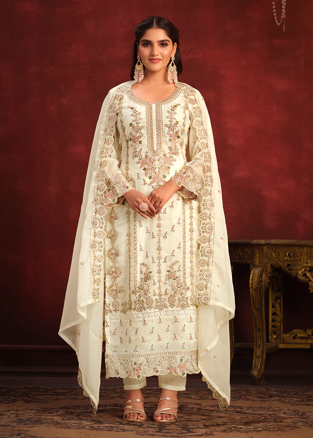 Viscose Organza Cream Zari & Sequins Festive Salwar Suit - Image 4