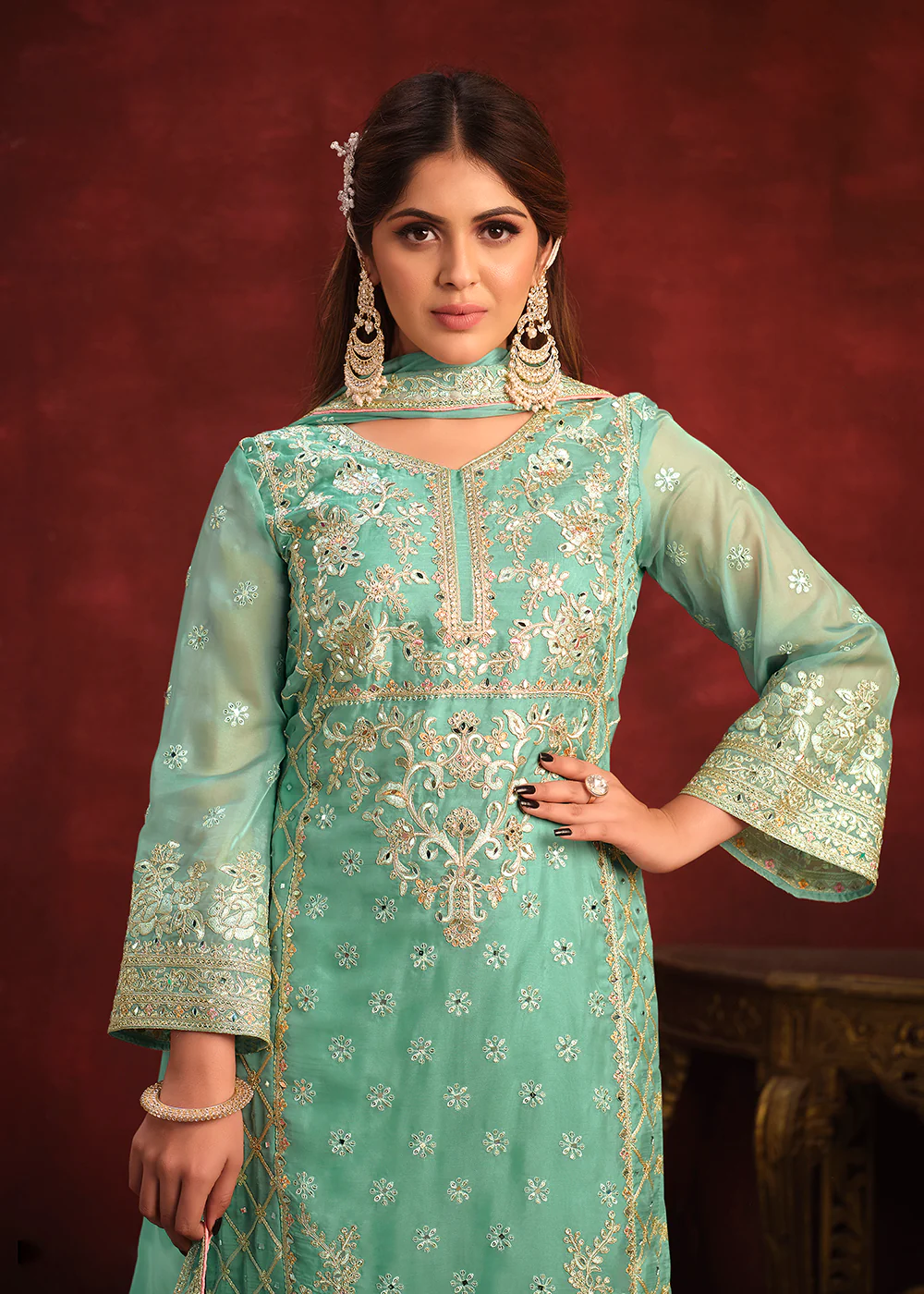 Viscose Organza Green Zari & Sequins Festive Salwar Suit - Image 2