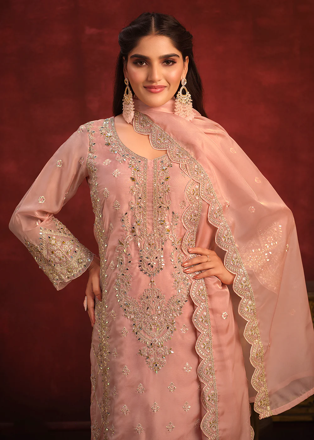 Viscose Organza Pink Zari & Sequins Festive Salwar Suit - Image 2