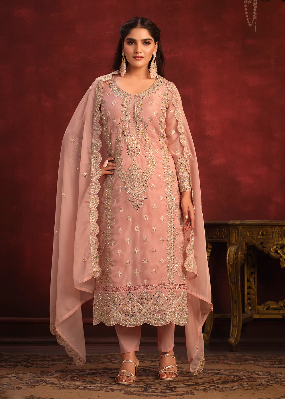 Viscose Organza Pink Zari & Sequins Festive Salwar Suit - Image 3