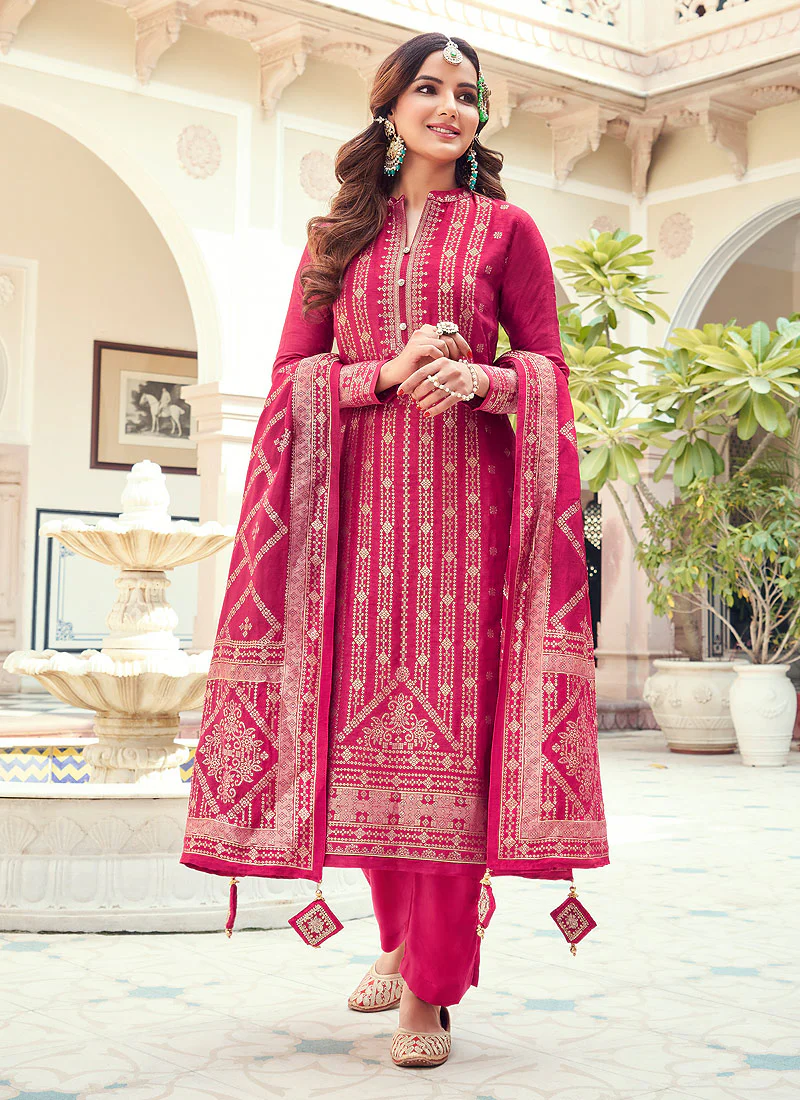 Viscose Pink Pakistani Style Embroidered Designer Suit