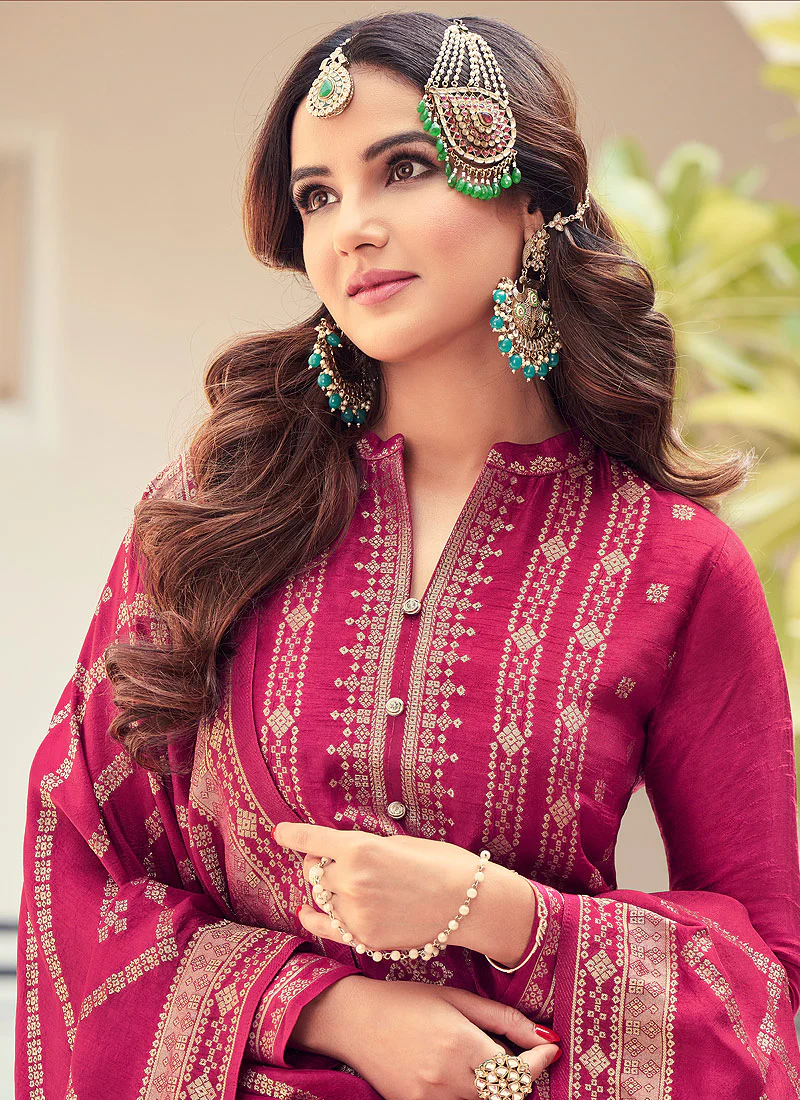 Viscose Pink Pakistani Style Embroidered Designer Suit - Image 3