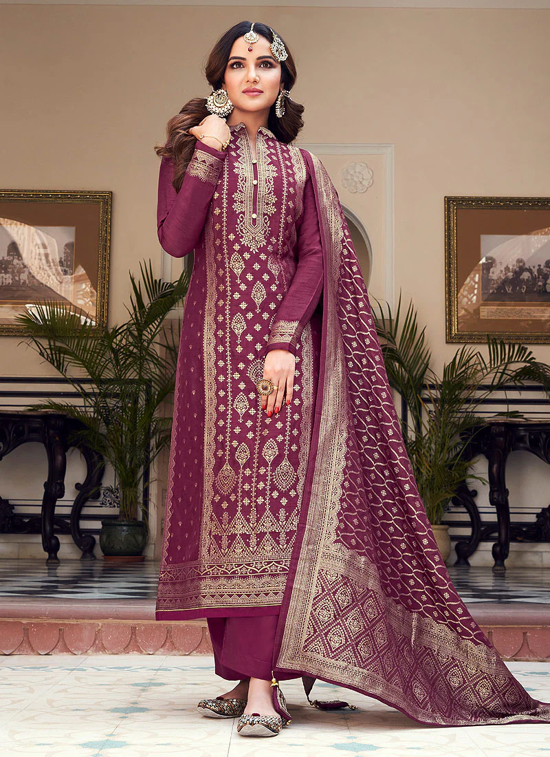 Viscose Purple Pakistani Style Embroidered Designer Suit