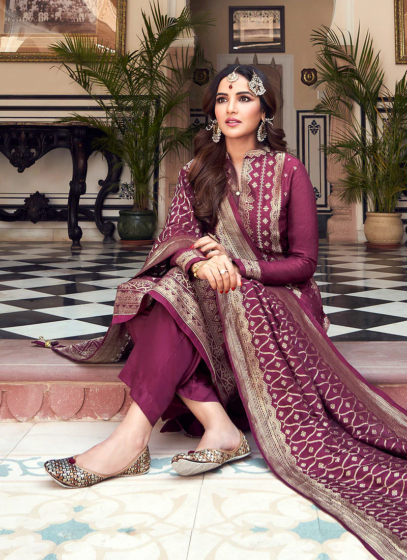 Viscose Purple Pakistani Style Embroidered Designer Suit - Image 3