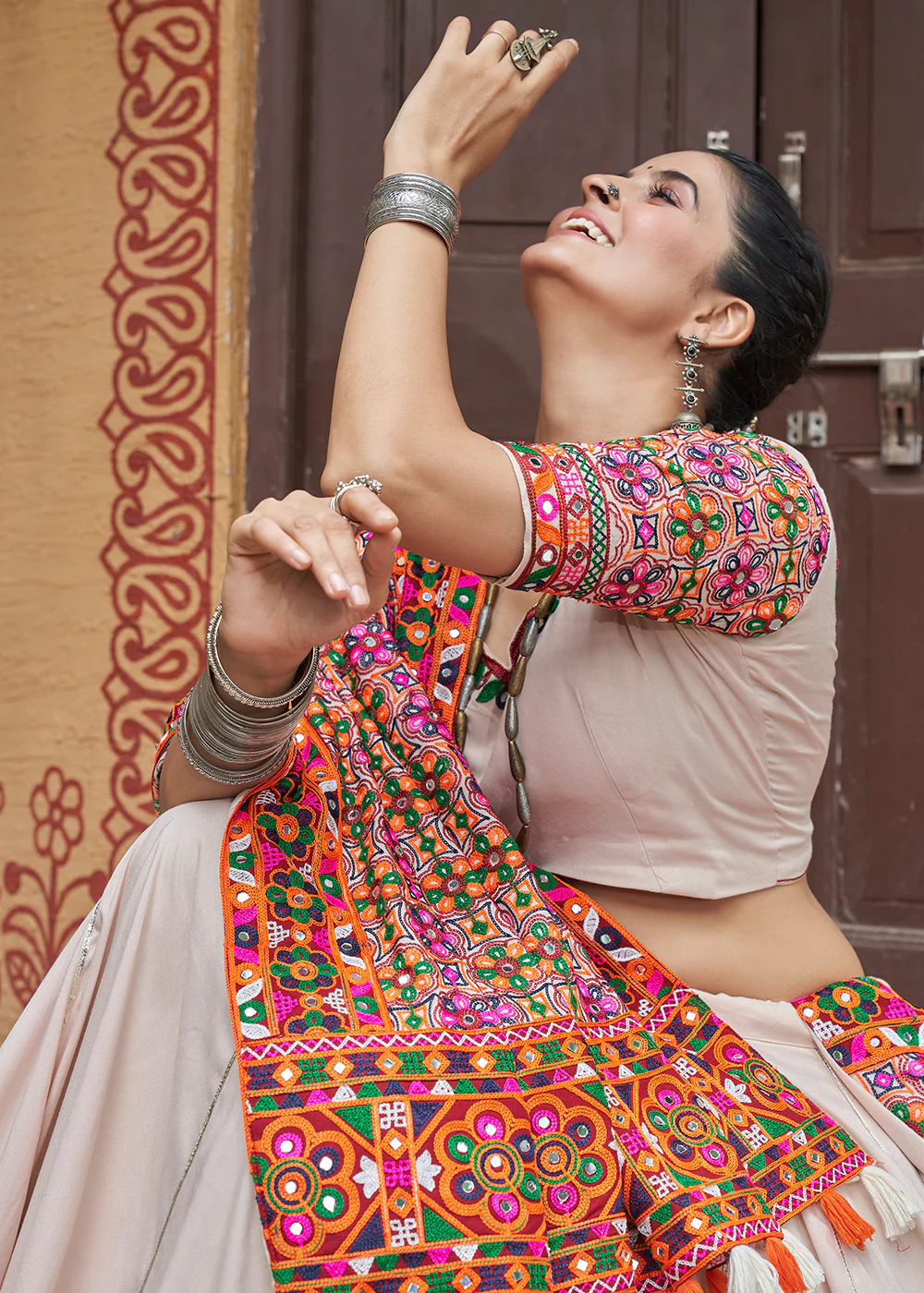 Viscose Rayon Chaniya Choli for Navratri in Beige - Image 5