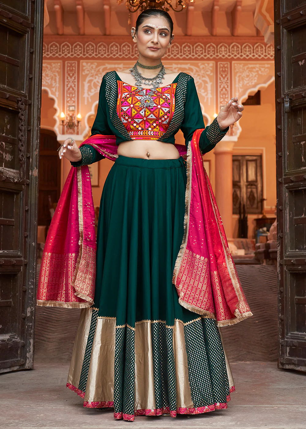 Viscose Rayon Green Navratri Wear Chaniya Choli