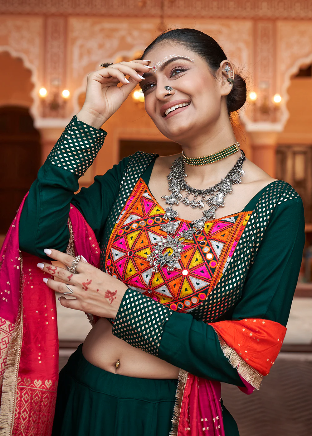Viscose Rayon Green Navratri Wear Chaniya Choli - Image 2