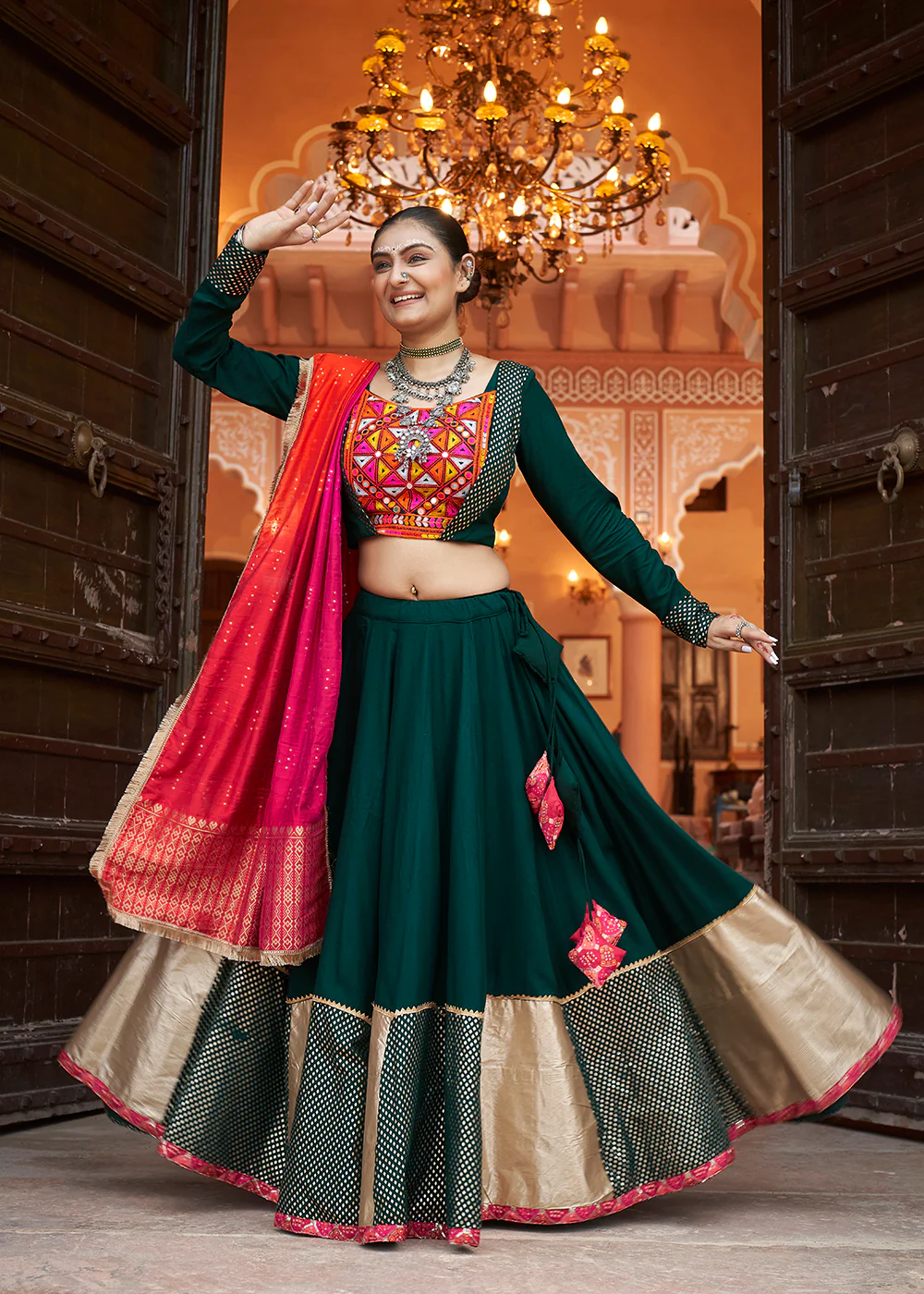 Viscose Rayon Green Navratri Wear Chaniya Choli - Image 4
