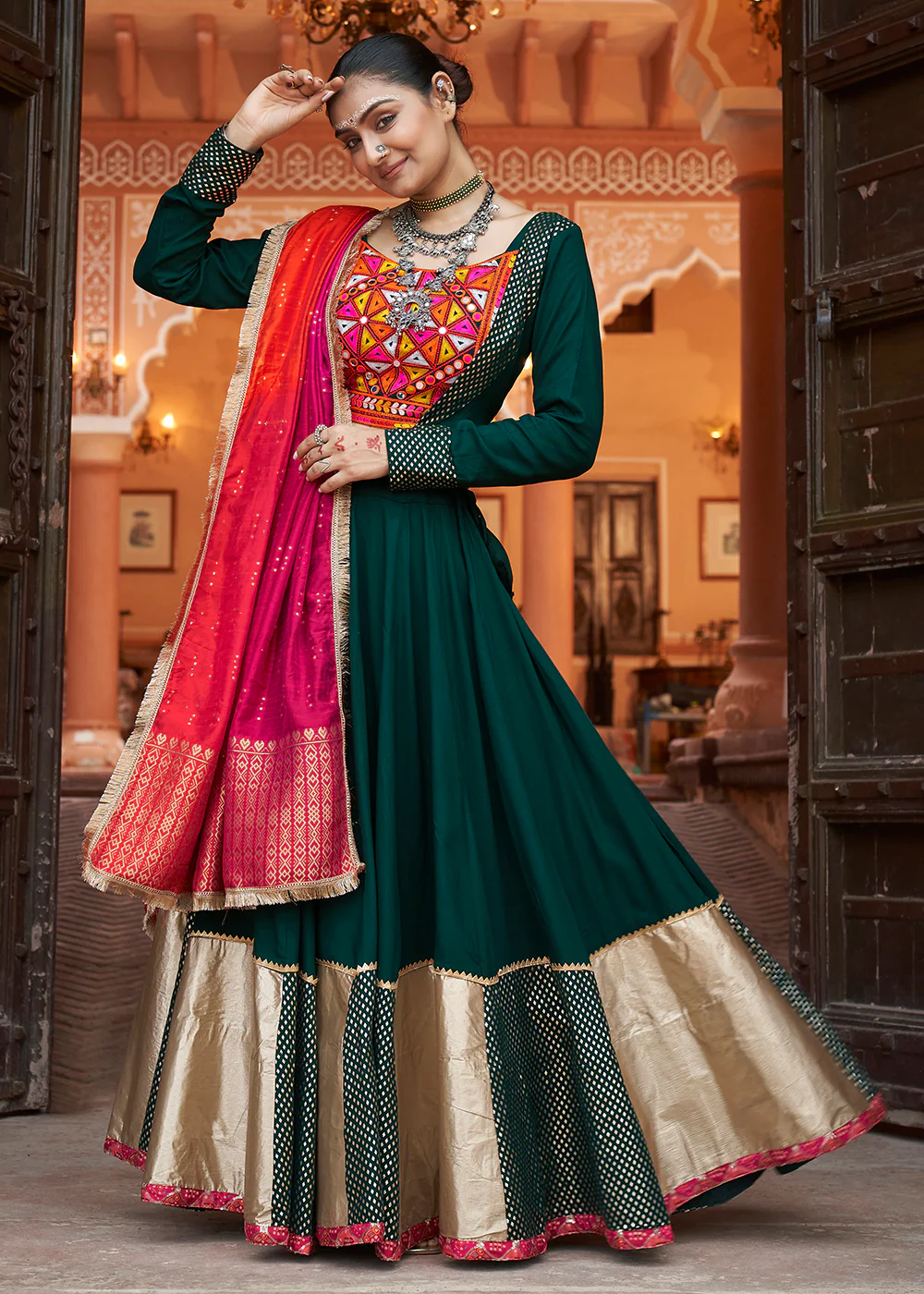 Viscose Rayon Green Navratri Wear Chaniya Choli - Image 5