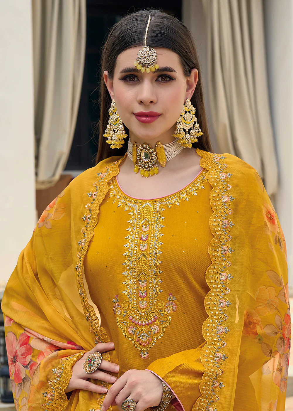 Viscose Silk Bright Yellow Pakistani Pant Style Salwar Suit - Image 2
