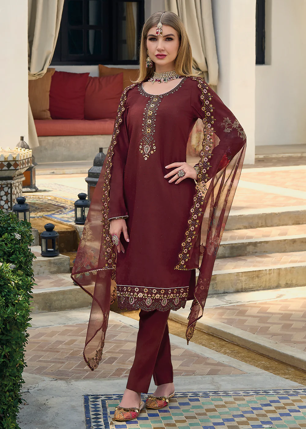 Viscose Silk Deep Maroon Pakistani Pant Style Salwar Suit