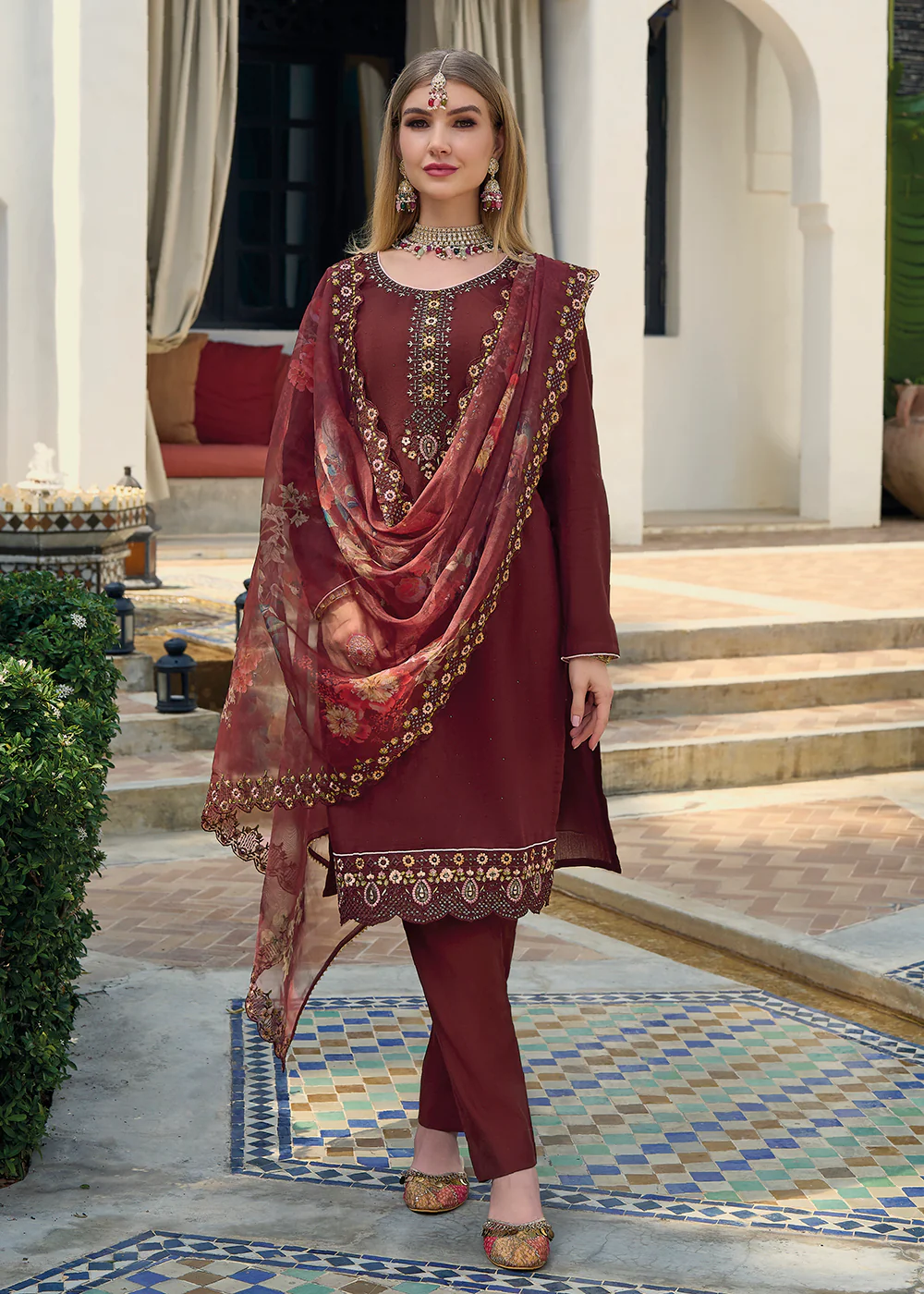 Viscose Silk Deep Maroon Pakistani Pant Style Salwar Suit - Image 3