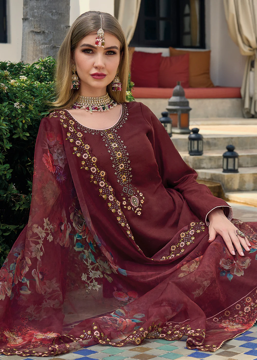 Viscose Silk Deep Maroon Pakistani Pant Style Salwar Suit - Image 4