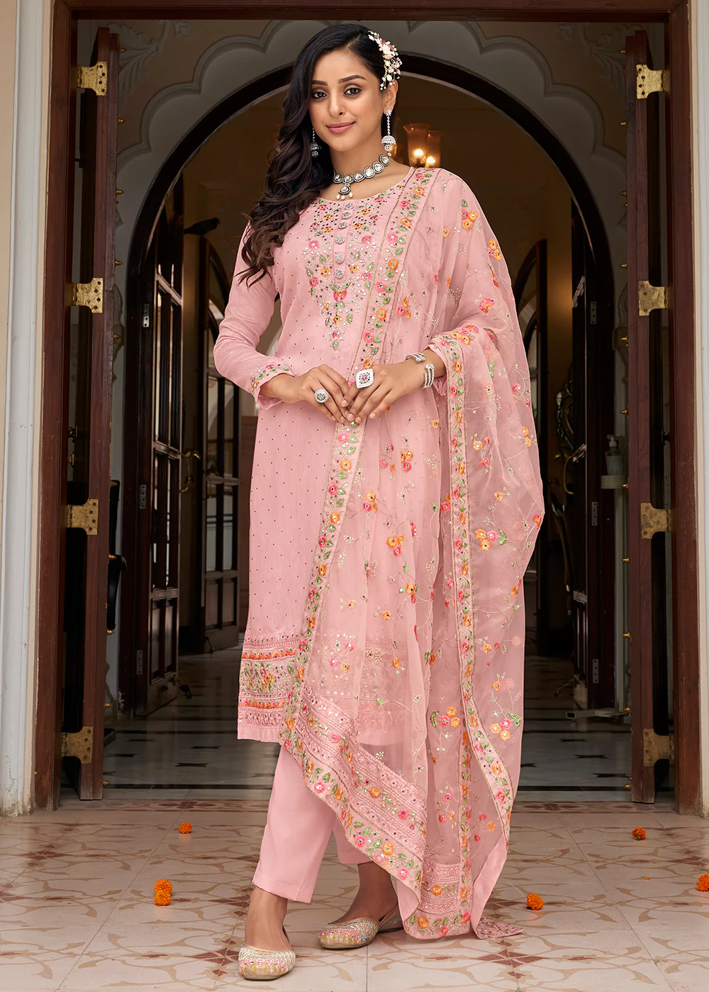 Viscose Silk Embroidered Awesome Pink Pant Salwar Suit