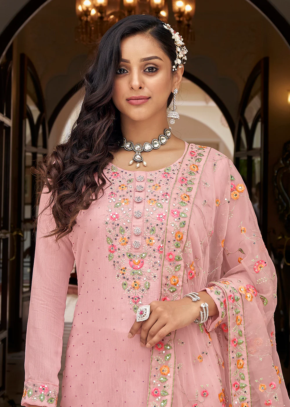 Viscose Silk Embroidered Awesome Pink Pant Salwar Suit - Image 2