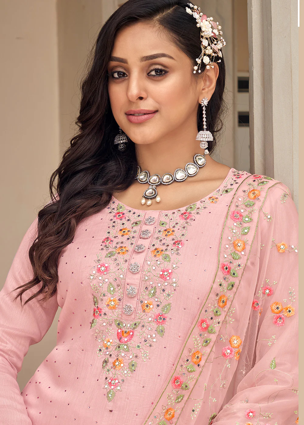 Viscose Silk Embroidered Awesome Pink Pant Salwar Suit - Image 3