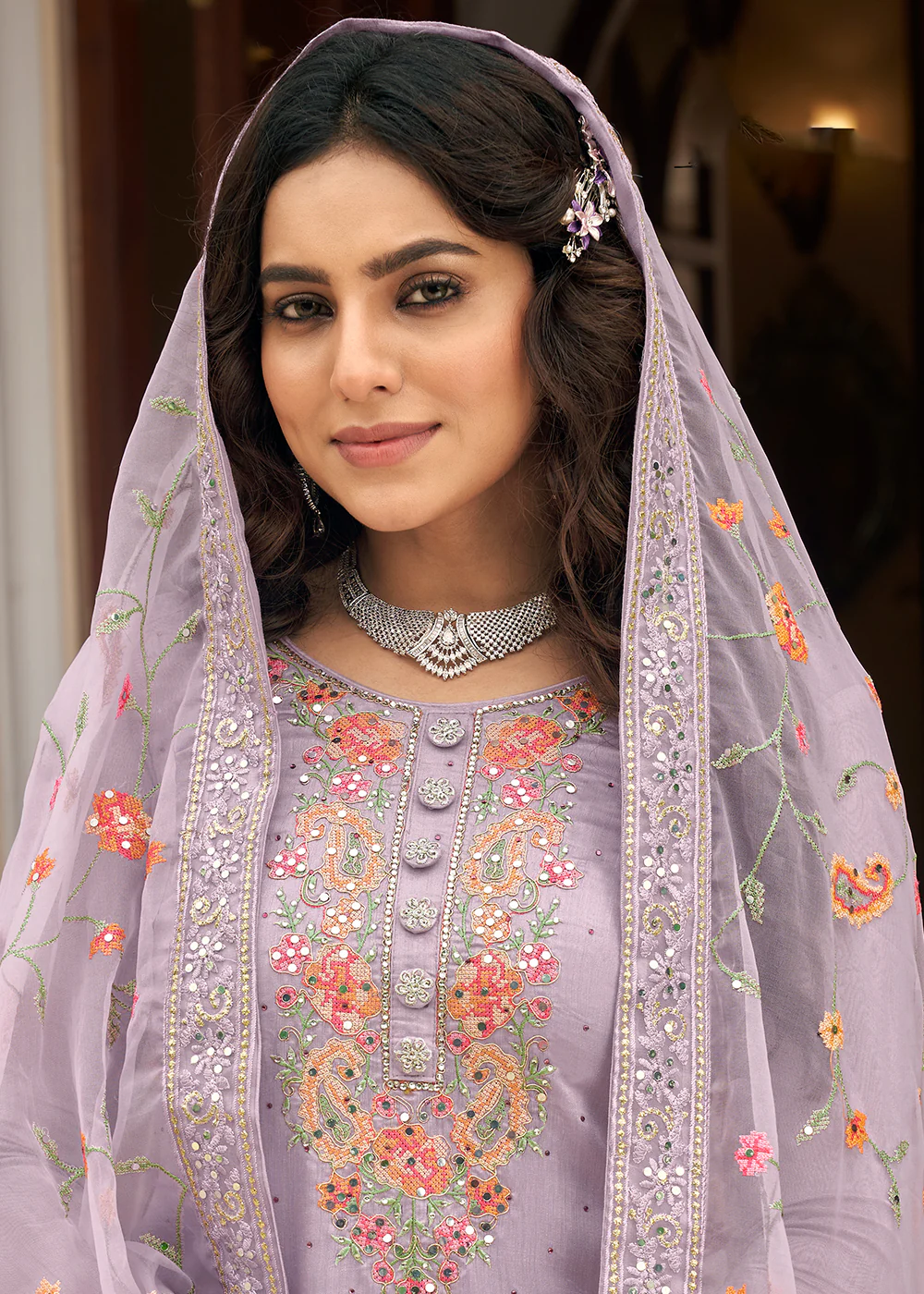 Viscose Silk Embroidered Fabulous Lilac Pant Salwar Suit - Image 2
