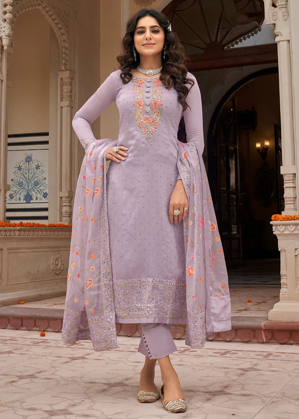 Viscose Silk Embroidered Fabulous Lilac Pant Salwar Suit - Image 3