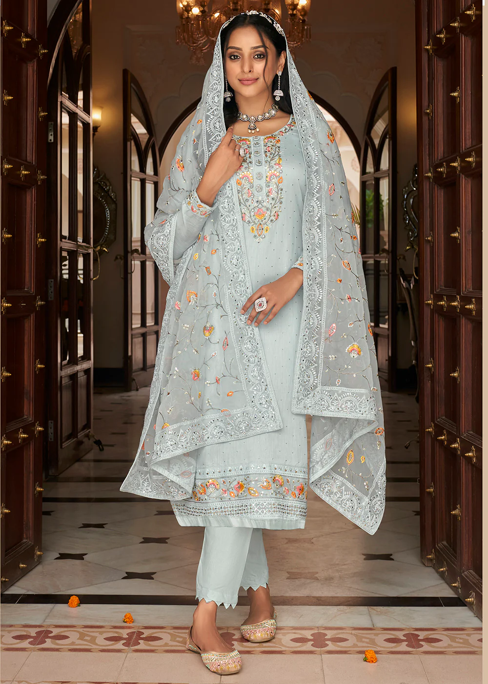 Viscose Silk Embroidered Spectacular Soft Blue Pant Salwar Suit