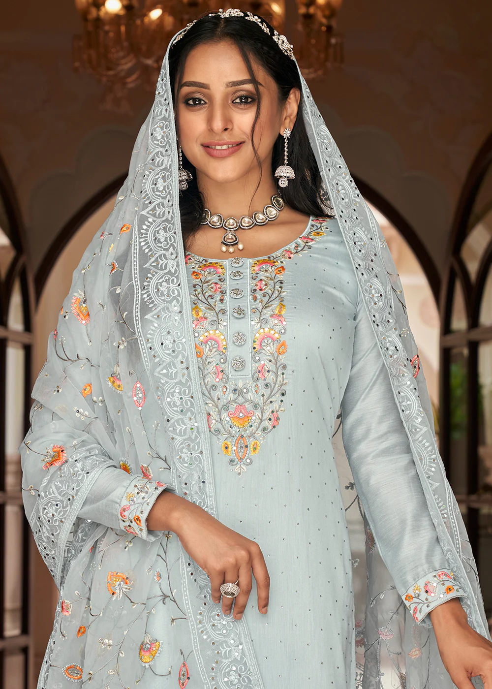 Viscose Silk Embroidered Spectacular Soft Blue Pant Salwar Suit - Image 2