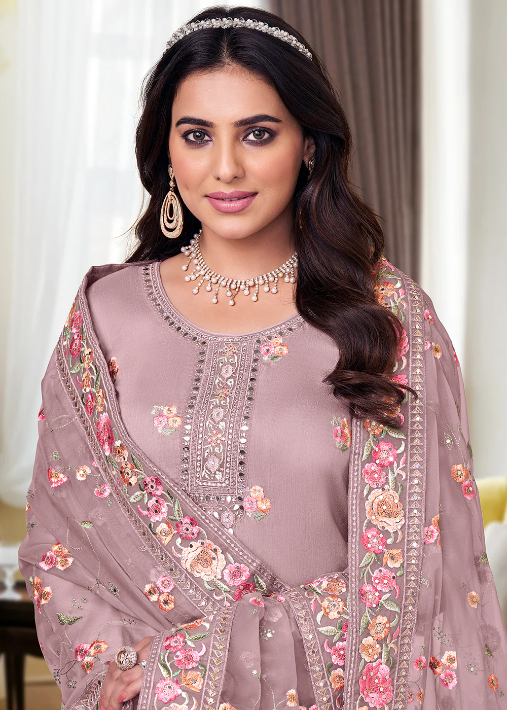 Viscose Silk Old Rose Purple Embroidered Salwar Kameez - Image 2